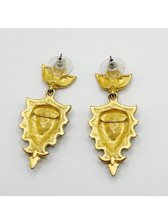 BOB MACKIE Goldtone Black Enamel Fuchsia Crystals Shield Dangle Earrings - Picture 2 of 3